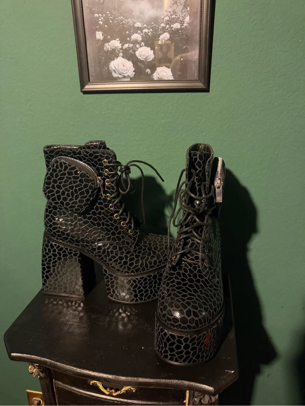 Platform Lace-Up Ankle Boots in Black Croc